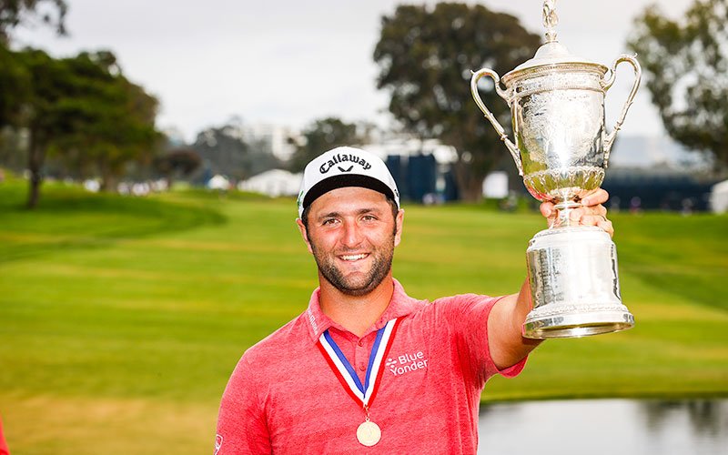 jon-rahm-us-open-trophy Jon Rahm poses with the trophy after winning the 2021 U.S. Open at Torrey Pines Golf Course in San Diego, Calif. on Sunday, June 20, 2021. (Jeff Haynes/USGA)