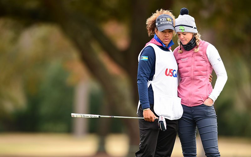 Golf - Amy Olson (R) stands with caddie Taneka Sandiford at the 2020 U.S. Women’s Open (Image: USGA/Robert Beck)