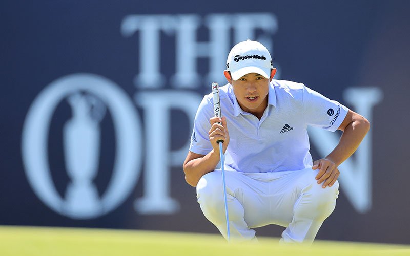 Collin Morikawa of lines up a putt on the 18th hole during Day Two of The 149th Open at Royal St George’s Golf Club in Sandwich, England. (Photo by David Cannon/R&A/R&A via Getty Images)
