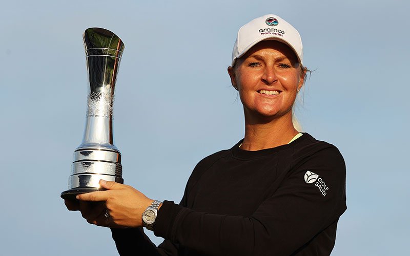 Anna-Nordqvist-trophy-aig Champion, Anna Nordqvist of Sweden poses with the AIG Women's Open trophy during Day Four of the AIG Women's Open at Carnoustie Golf Links on August 22, 2021 in Carnoustie, Scotland. (Photo by Warren Little/R&A/R&A via Getty Images)