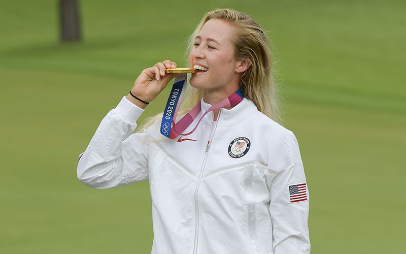 Nelly Korda of Team United States celebrates with the gold medal at the victory ceremony after the final round of the Women’s Individual Stroke Play event on Day 18 of the Tokyo 2020 Olympics at the Kasumigaseki Country Club on August 7, 2021 in Saitama, Japan. (Photo by Stan Badz/PGA TOUR/IGF)