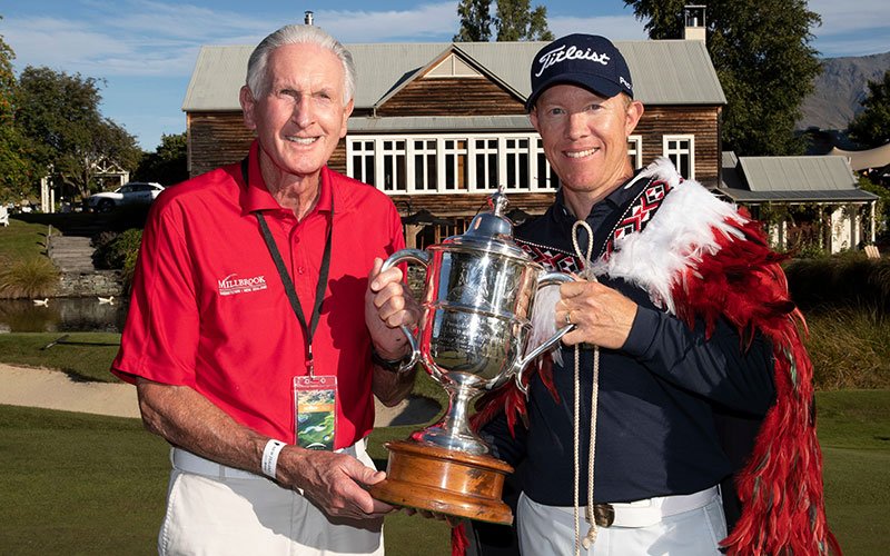 bob-charles-brad-kennedy 2020 New Zealand Open Champion Brad Kennedy with golfing legend Sir Bob Charles. Photo Credit: Photosport.nz
