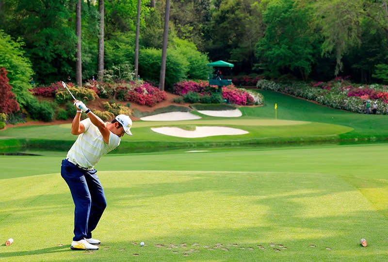 2021041192425 Rolex Testimonee Hideki Matsuyama Plays A Stroke From The No. 12 Tee During The Final Round At The 85th Masters